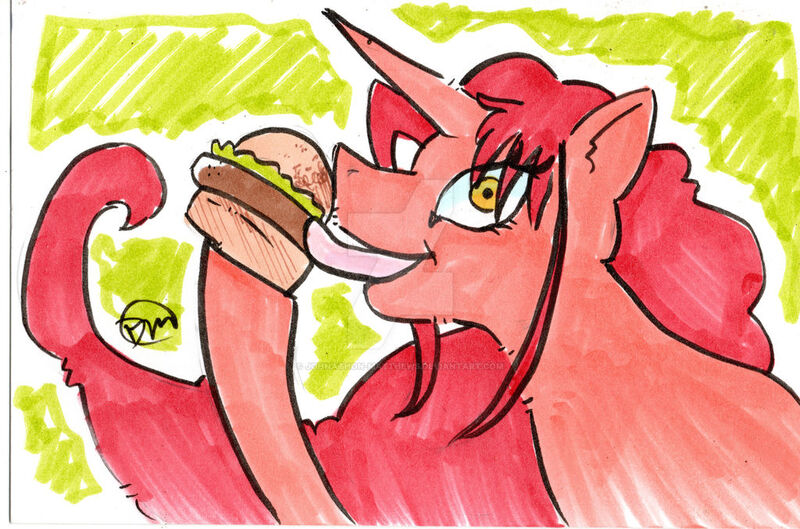 Size: 1024x677 | Tagged: safe, artist:doriesdoodles, derpibooru import, oc, oc:khunis jirall, alicorn, genie, genie pony, pony, burger, commission, convention, deviantart watermark, food, image, jpeg, licking, male, obtrusive watermark, signature, solo, tongue out, watermark