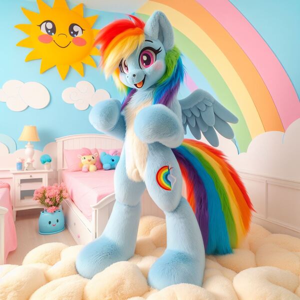 Size: 1024x1024 | Tagged: source needed, safe, ai content, derpibooru import, machine learning generated, rainbow dash, pegasus, bed, bedroom, g4, image, jpeg, sun