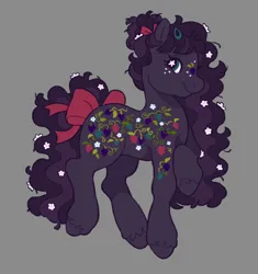 Size: 1928x2048 | Tagged: oc name needed, safe, artist:cocopudu, derpibooru import, oc, unofficial characters only, earth pony, pony, g2, art trade, black coat, black mane, black tail, blue eyes, bow, coat markings, curly mane, curly tail, design trade, earth pony oc, eyebrows, eyebrows visible through hair, eyelashes, freckles, g2 oc, gray background, hair bow, hair bun, hairclip, image, jpeg, long mane, long tail, looking back, profile, raised hoof, simple background, smiling, solo, standing, starry eyes, tail, tail bow, tied mane, two toned mane, two toned tail, unshorn fetlocks, wingding eyes