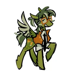 Size: 800x800 | Tagged: safe, artist:camo_ty, derpibooru import, oc, oc:radio active, unofficial characters only, pegasus, pony, clothes, dot eyes, eyebrows, eyebrows visible through hair, gala outfit, glasses, green coat, green mane, green tail, image, leg fluff, lidded eyes, long legs, looking back, male, messy tail, necktie, pegasus oc, png, ponytail, raised hoof, simple background, smiling, solo, square glasses, stallion, standing, tail, tied mane, tuxedo, two toned mane, two toned tail, white background, wings
