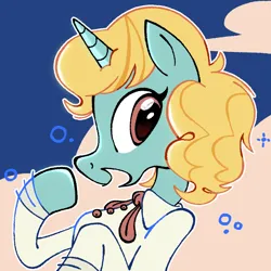 Size: 2048x2048 | Tagged: safe, artist:chipchapp, derpibooru import, oc, oc:kit kat, unofficial characters only, pony, abstract background, big eyes, blonde mane, brown eyes, bubble, button-up shirt, clothes, curly mane, dress shirt, eyelashes, female, horn, image, jpeg, looking back, mare, open mouth, open smile, ponysona, profile, profile picture, raised hoof, shirt, smiling, solo, sparkles, teal coat, unicorn horn, wingding eyes