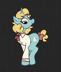Size: 1062x1254 | Tagged: safe, artist:chipchapp, derpibooru import, oc, oc:kit kat, unofficial characters only, pony, unicorn, big eyes, blonde mane, blonde tail, brown eyes, button-up shirt, clothes, curly mane, curly tail, dress shirt, female, freckles, horn, image, jpeg, looking down, mare, patterned background, ponysona, shirt, smiling, solo, standing, tail, tail bun, teal coat, tied tail, unicorn horn, unicorn oc, wingding eyes