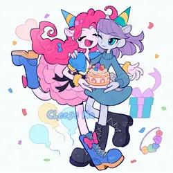 Size: 2631x2631 | Tagged: safe, artist:nainaier007, derpibooru import, maud pie, pinkie pie, human, equestria girls, balloon, boots, cake, clothes, collar, confetti, dress, eyes closed, female, food, g4, heart, hug, image, jpeg, one eye closed, present, shoes, siblings, sisters