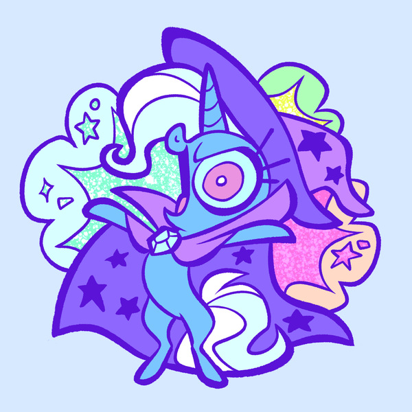 Size: 2048x2048 | Tagged: safe, artist:janegumball, derpibooru import, trixie, pony, unicorn, big head, blue background, blue coat, blue mane, blue sclera, blue tail, cape, chibi, clothes, colored sclera, enamel pin, eyelashes, female, g4, hat, high res, horn, image, jpeg, long mane, long tail, mare, narrowed eyes, open mouth, open smile, pin design, purple eyes, raised hoof, raised hooves, simple background, smiling, solo, sparkles, standing on two hooves, stars, tail, tongue out, trixie's cape, trixie's hat, two toned mane, two toned tail, unicorn horn, wide eyes
