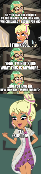 Size: 500x2083 | Tagged: safe, derpibooru import, edit, edited screencap, screencap, canter zoom, chestnut magnifico, equestria girls, comic, executive, g4, image, mufasa the lion king, mufasa: the lion king, my little pony equestria girls: better together, pitch meetings, png, producer, ryan george, screen rant pitch meetings, screencap comic, the lion king
