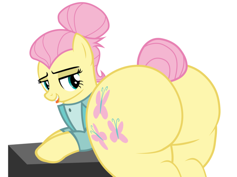 Size: 7415x5540 | Tagged: suggestive, alternate version, artist:duskyzombie, derpibooru import, fluttershy, pegasus, pony, alternate hairstyle, bedroom eyes, bottomless, butt, clothes, female, flutterbutt, g4, image, lidded eyes, mare, partial nudity, plot, png, presenting, severeshy, simple background, suit, the ass was fat, tongue out, transparent background