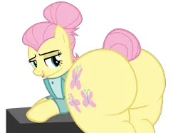 Size: 7415x5540 | Tagged: suggestive, alternate version, artist:duskyzombie, derpibooru import, fluttershy, pegasus, pony, alternate hairstyle, bedroom eyes, bottomless, butt, clothes, female, flutterbutt, g4, image, lidded eyes, mare, partial nudity, plot, png, presenting, severeshy, simple background, suit, the ass was fat, tongue out, transparent background