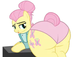 Size: 7415x5540 | Tagged: suggestive, alternate version, artist:duskyzombie, derpibooru import, fluttershy, pegasus, pony, alternate hairstyle, bedroom eyes, butt, clothes, female, flutterbutt, g4, image, lidded eyes, mare, plot, png, presenting, severeshy, simple background, suit, the ass was fat, tongue out, transparent background, underwear