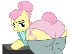 Size: 7415x5540 | Tagged: suggestive, alternate version, artist:duskyzombie, derpibooru import, fluttershy, pegasus, pony, alternate hairstyle, bedroom eyes, butt, clothes, female, flutterbutt, g4, image, lidded eyes, mare, pants, plot, png, presenting, revealing clothing, severeshy, simple background, suit, the ass was fat, tongue out, transparent background, underwear