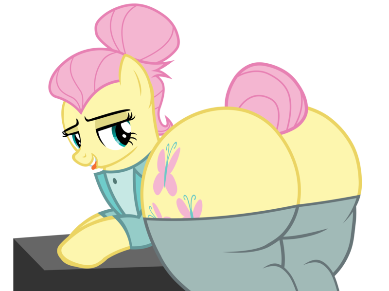 Size: 7415x5540 | Tagged: suggestive, alternate version, artist:duskyzombie, derpibooru import, fluttershy, pegasus, pony, alternate hairstyle, bedroom eyes, butt, clothes, female, flutterbutt, g4, image, lidded eyes, mare, pants, plot, png, presenting, severeshy, simple background, suit, the ass was fat, tongue out, transparent background