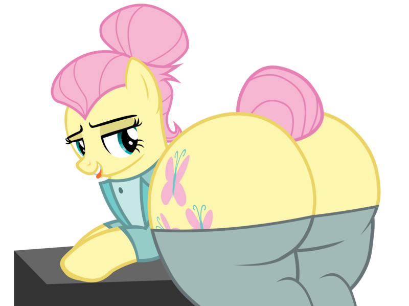 Size: 7415x5540 | Tagged: suggestive, alternate version, artist:duskyzombie, derpibooru import, fluttershy, pegasus, pony, g4, alternate hairstyle, bedroom eyes, butt, clothes, female, flutterbutt, image, lidded eyes, mare, pants, plot, png, presenting, severeshy, simple background, suit, the ass was fat, tongue out, transparent background