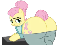 Size: 7415x5540 | Tagged: suggestive, alternate version, artist:duskyzombie, derpibooru import, fluttershy, pegasus, pony, g4, alternate hairstyle, bedroom eyes, butt, clothes, female, flutterbutt, image, lidded eyes, mare, pants, plot, png, presenting, severeshy, simple background, suit, the ass was fat, tongue out, transparent background