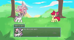 Size: 1332x720 | Tagged: safe, artist:madiwann, derpibooru import, apple bloom, sweetie belle, earth pony, pony, unicorn, animated, blood, cigarette, dancing, death, female, fight, filly, foal, g4, gameplay, horn, image, karma, rpg, rpg maker, text, video game, webm