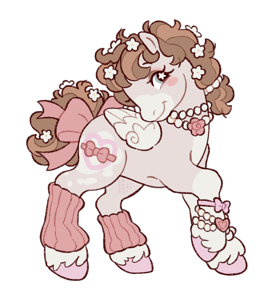 Size: 1699x1876 | Tagged: safe, artist:cocopudu, derpibooru import, oc, unofficial characters only, pegasus, pony, g2, blush sticker, blushing, bow, bracelet, clothes, coat markings, commission, facial markings, flower, flower in hair, image, jewelry, leg warmers, mealy mouth (coat marking), necklace, pearl necklace, png, simple background, smiling, socks (coat marking), solo, starry eyes, tail, tail bow, turned head, unshorn fetlocks, white background, wingding eyes