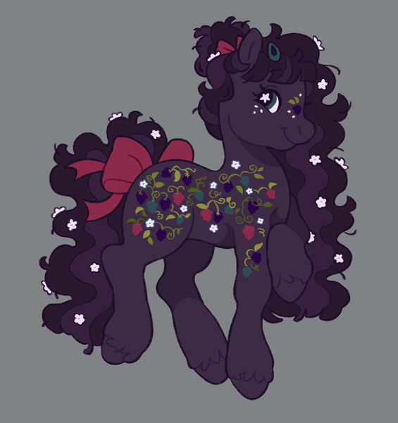 Size: 1928x2048 | Tagged: safe, artist:cocopudu, derpibooru import, oc, unofficial characters only, earth pony, pony, g2, bow, ethereal mane, female, flower, flower in hair, flower in tail, freckles, gray background, hair bow, hair bun, hairclip, hoof on chest, image, mare, messy mane, png, simple background, smiling, solo, starry mane, tail, tail bow, unshorn fetlocks
