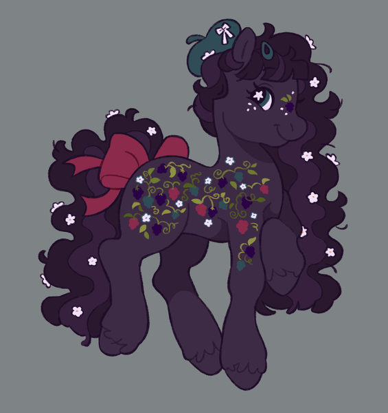 Size: 1928x2048 | Tagged: safe, alternate version, artist:cocopudu, derpibooru import, oc, unofficial characters only, earth pony, pony, g2, beret, bow, ethereal mane, female, flower, flower in hair, flower in tail, freckles, gray background, hairclip, hat, hoof on chest, image, mare, png, simple background, smiling, solo, starry mane, tail, tail bow, unshorn fetlocks
