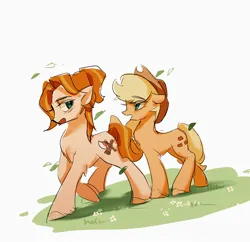 Size: 2034x1968 | Tagged: safe, artist:renjia254, derpibooru import, applejack, ponified, earth pony, pony, crossover, female, g4, grass, image, jpeg, mare, open mouth, robin (stardew valley), simple background, stardew valley, white background