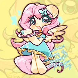 Size: 1500x1500 | Tagged: safe, artist:xinjinjumin861086036297, derpibooru import, fluttershy, pegasus, pony, semi-anthro, abstract background, cake, clothes, dress, female, food, g4, image, mare, open mouth, plate, png, smiling, standing
