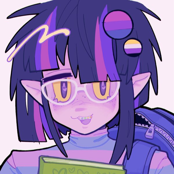 Size: 1920x1920 | Tagged: safe, artist:toycasino, derpibooru import, twilight sparkle, equestria girls, :3, alternate eye color, alternate hairstyle, backpack, bisexual pride flag, blush scribble, blushing, book, braces, bust, clothes, colored mouth, colored sclera, elf ears, fangs, female, freckles, g4, glasses, heart, heart eyes, image, jpeg, light skin, messy hair, multicolored hair, nonbinary pride flag, open mouth, open smile, pink background, pins, pride, pride flag, purple eyes, purple skin, redesign, shiny hair, simple background, smiling, solo, striped sweater, sweater, thick eyebrows, turtleneck, turtleneck sweater, wingding eyes, yellow sclera