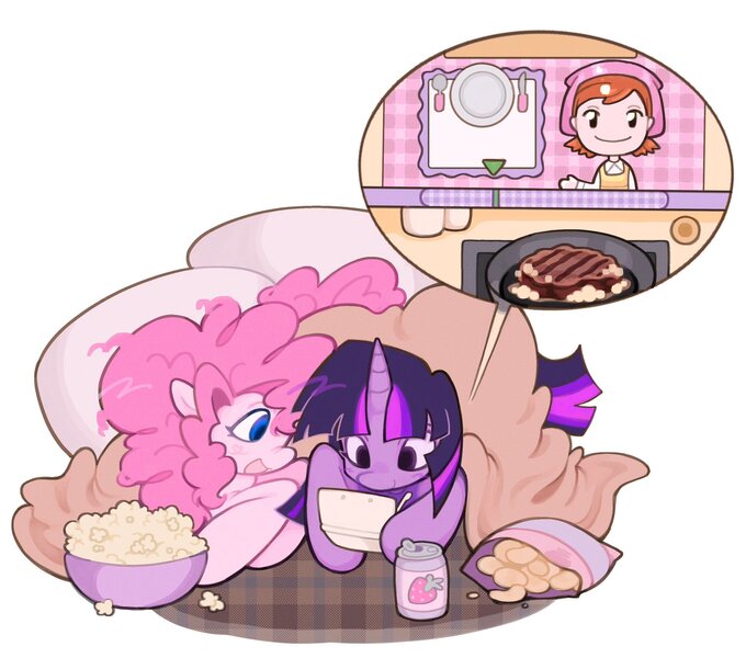 Size: 2048x1806 | Tagged: safe, artist:toycasino, derpibooru import, pinkie pie, twilight sparkle, earth pony, pony, unicorn, 3ds, blue eyes, blushing, chips, cooking mama, curly mane, curly tail, cute, diapinkes, drink, duo, duo female, eyelashes, female, food, g4, gaming, holding, hoof hold, horn, image, jpeg, lesbian, long mane, long tail, looking at someone, looking at something, lying down, mare, meat, multicolored mane, multicolored tail, nintendo ds, no catchlights, open mouth, open smile, pink mane, pink tail, playing video games, popcorn, potato chips, prone, purple coat, shipping, simple background, smiling, soda, soda can, steak, straight mane, straight tail, tail, twiabetes, twinkie, under blanket, unicorn horn, unicorn twilight, white background