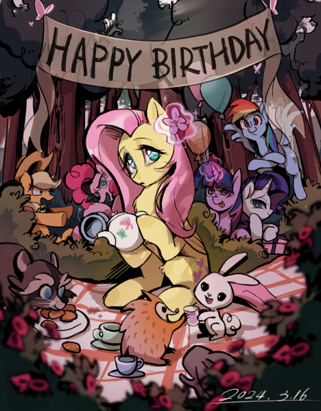 Size: 1284x1647 | Tagged: safe, artist:renjia254, derpibooru import, angel bunny, applejack, fluttershy, pinkie pie, rainbow dash, rarity, twilight sparkle, earth pony, hedgehog, pegasus, pony, raccoon, unicorn, balloon, bush, cookie, cup, eating, female, flower, food, forest, g4, happy birthday, horn, image, magic, mane six, mare, nature, picnic blanket, plate, png, present, tea party, teacup, teapot, tree
