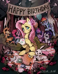 Size: 1284x1647 | Tagged: safe, artist:renjia254, derpibooru import, angel bunny, applejack, fluttershy, pinkie pie, rainbow dash, rarity, twilight sparkle, earth pony, hedgehog, pegasus, pony, raccoon, unicorn, balloon, bush, cookie, cup, eating, female, flower, food, forest, g4, happy birthday, horn, image, magic, mane six, mare, nature, picnic blanket, plate, png, present, tea party, teacup, teapot, tree