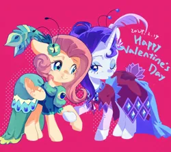 Size: 2184x1948 | Tagged: safe, artist:qiuhu17819, derpibooru import, fluttershy, rarity, pegasus, pony, unicorn, clothes, dress, female, g4, holiday, horn, image, mare, pink background, png, simple background, text, valentine's day