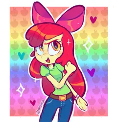 Size: 1585x1645 | Tagged: safe, artist:b4rkzal0t, derpibooru import, apple bloom, human, equestria girls, adorabloom, belt, blushing, bracelet, clenched fist, clothes, cute, denim, determined, freckles, g4, heart, image, jeans, jewelry, jpeg, looking at you, open mouth, pants, patterned background, rainbow background, shirt, solo, sparkles, t-shirt