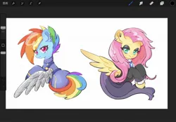 Size: 2048x1423 | Tagged: safe, artist:chonpsk, derpibooru import, screencap, fluttershy, rainbow dash, pegasus, pony, artificial wings, augmented, clothes, cute, duo, duo female, female, g4, half body, image, jpeg, simple background, spread wings, wings