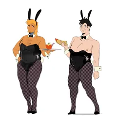 Size: 1626x1696 | Tagged: safe, artist:bixels, derpibooru import, big macintosh, soarin', human, worm, apple, arm hair, bunny ears, bunny suit, chest hair, clothes, crossdressing, cuffs (clothes), duo, duo female, eating, female, fishnet clothing, fishnets, food, hand on hip, high heels, hot dog, humanized, image, male nipples, meat, natural hair color, nipples, nudity, playboy bunny, png, sausage, serving tray, shoes, socks, stockings, the grand galloping 20s, thigh highs