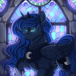 Size: 1000x1000 | Tagged: safe, artist:binibean, derpibooru import, princess luna, alicorn, pony, female, g4, glow, glowing eyes, image, jpeg, looking at you, mare, raised hoof, signature, solo, stained glass, window