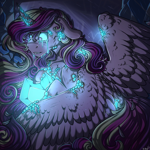 Size: 1000x1000 | Tagged: semi-grimdark, artist:binibean, derpibooru import, princess cadance, alicorn, earth pony, pony, blue sclera, body horror, crying, crystal, crystal heart, female, floppy ears, g4, glow, glowing eyes, image, jpeg, mare, partially open wings, story included, wings
