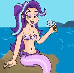 Size: 617x610 | Tagged: safe, artist:ocean lover, derpibooru import, starlight glimmer, human, mermaid, bare shoulders, beautiful, beautisexy, belly button, boulder, bra, clothes, cute, eyeshadow, fins, fish tail, food, glimmerbetes, human coloration, humanized, ice cream, ice cream cone, image, light skin, lipstick, long hair, makeup, mermaid tail, mermaidized, mermay, midriff, ms paint, ocean, outdoors, png, pretty, purple eyes, purple tail, seashell, seashell bra, sexy, sitting, sky, smiling, species swap, stupid sexy starlight glimmer, tail, tail fin, that human sure does love ice cream, two toned hair, underwear, water, wave