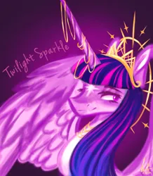 Size: 1484x1698 | Tagged: safe, artist:lunaalmond, derpibooru import, twilight sparkle, twilight sparkle (alicorn), alicorn, pony, bust, coat markings, crown, facial markings, female, horn, horn jewelry, image, jewelry, lidded eyes, long horn, mare, name, png, regalia, smiling, solo, star (coat marking)