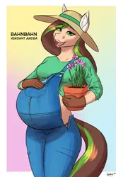 Size: 2610x3751 | Tagged: safe, artist:zendrid, derpibooru import, oc, oc:verdant ardea, unofficial characters only, anthro, earth pony, pony, belly, big belly, breasts, busty oc, clothes, eyebrows, eyebrows visible through hair, female, flower, gardening gloves, gloves, gradient background, hand on belly, hat, image, looking at you, mare, open mouth, open smile, overalls, png, potted plant, pregnant, smiling, smiling at you, solo, sun hat, text