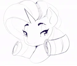 Size: 955x822 | Tagged: safe, artist:thelunarmoon, derpibooru import, rarity, pony, unicorn, female, grayscale, horn, image, jpeg, lidded eyes, looking at you, mare, monochrome, signature, simple background, solo, white background