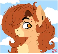 Size: 929x853 | Tagged: safe, artist:thelunarmoon, derpibooru import, oc, oc:pencil test, unofficial characters only, earth pony, pony, bust, chest fluff, cloud, ear piercing, earring, facial markings, female, freckles, image, jewelry, mare, mealy mouth (coat marking), piercing, pixel art, png, sky background, solo