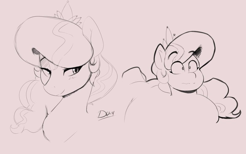 Size: 1176x735 | Tagged: safe, artist:thelunarmoon, derpibooru import, diamond tiara, earth pony, pony, bust, chubby, chubby cheeks, chubby diamond, eyebrows, eyebrows visible through hair, fat, female, image, jpeg, lidded eyes, monochrome, pink background, raised eyebrows, simple background, sketch, solo, style emulation