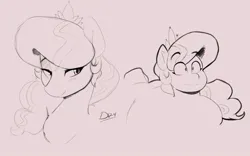 Size: 1176x735 | Tagged: safe, artist:thelunarmoon, derpibooru import, diamond tiara, earth pony, pony, bust, eyebrows, eyebrows visible through hair, female, image, jpeg, lidded eyes, monochrome, pink background, raised eyebrows, simple background, sketch, solo, style emulation