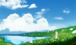 Size: 4096x2442 | Tagged: safe, artist:thelunarmoon, derpibooru import, barely pony related, canterlot castle, cloud, flower, flower field, flower petals, image, jpeg, lake, no pony, reflection, rock, scenery, sky, water