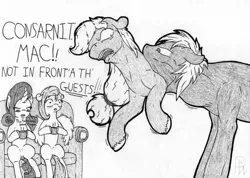Size: 2455x1748 | Tagged: suggestive, artist:parallel black, derpibooru import, applejack, big macintosh, fluttershy, rarity, blushing, couch, dialogue, fetish, food, image, muscles, png, sitting, spread wings, tea, throat bulge, traditional art, vore, wingboner, wings, yelling