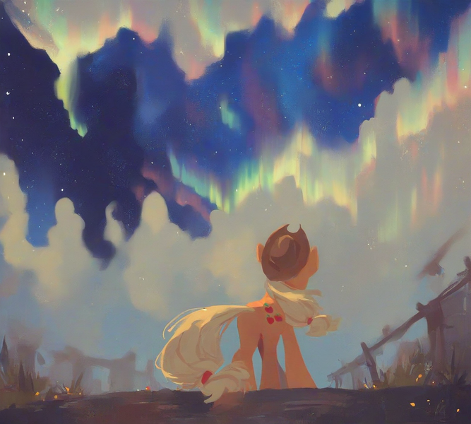 Size: 1280x1152 | Tagged: safe, ai content, derpibooru import, machine learning generated, prompter:foxpony, stable diffusion, applejack, princess luna, rainbow dash, alicorn, earth pony, appledash, applejack's hat, aurora borealis, cloud, cloudy, cowboy hat, duo, ethereal mane, female, generator:pony diffusion v6 xl, hat, image, implied princess luna, implied shipping, lesbian, looking up, low angle, night, png, rear view, shipping, stars