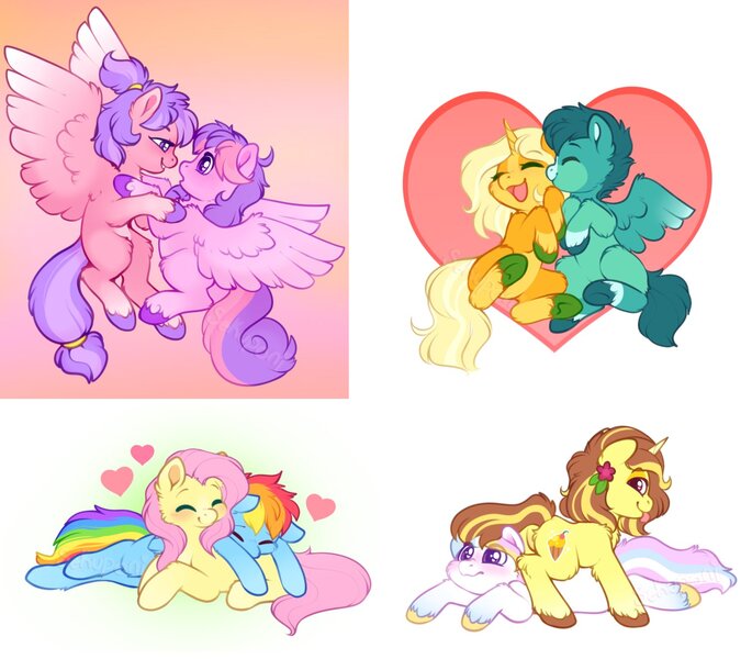 Size: 1509x1322 | Tagged: safe, artist:sekuponi, derpibooru import, fluttershy, rainbow dash, oc, oc:banana sundae, oc:blush rush, oc:creme candy, oc:pop crush, earth pony, pegasus, pony, unicorn, blushing, butt, chest fluff, ear fluff, female, floating heart, flower, flower in hair, flutterdash, flying, g4, heart, heart eyes, horn, image, jpeg, lesbian, looking at each other, looking at someone, lying down, male, mare, plot, prone, shipping, stallion, tongue out, unshorn fetlocks, wingding eyes