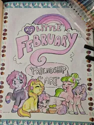 Size: 1536x2048 | Tagged: safe, artist:sekuponi, derpibooru import, oc, oc:banana sundae, oc:blush rush, oc:pop crush, oc:strawberry kiss, unofficial characters only, earth pony, pegasus, pony, unicorn, braid, clothes, female, hair bun, heart, heart eyes, hoodie, horn, image, jpeg, lying down, mare, potted plant, prone, sitting, tongue out, traditional art, unshorn fetlocks, wingding eyes