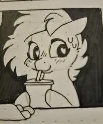 Size: 1705x2048 | Tagged: safe, artist:sekuponi, derpibooru import, oc, unofficial characters only, earth pony, pony, black and white, cup, drink, drinking, drinking straw, female, food, grayscale, heart, heart eyes, image, jpeg, mare, monochrome, sweat, traditional art, wingding eyes