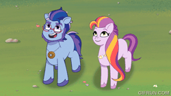 Size: 600x338 | Tagged: safe, derpibooru import, screencap, earth pony, pony, g5, my little pony: tell your tale, spoiler:g5, spoiler:my little pony: tell your tale, spoiler:tyts02e11, argyle starshine, duo, duo male and female, female, gif, gifrun.com, image, male, mare, stallion, sunny starscout's mother, sunny's mom, written in the starscouts