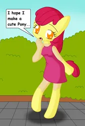 Size: 1352x2004 | Tagged: safe, artist:sin-r, derpibooru import, apple bloom, earth pony, human, pony, age regression, breasts, clothes, dress, female, human to pony, image, jpeg, solo, speech bubble, transformation, younger