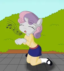 Size: 1628x1800 | Tagged: safe, artist:sin-r, derpibooru import, sweetie belle, human, pony, unicorn, age regression, breasts, eyes closed, female, horn, human to pony, image, jpeg, kneeling, music notes, singing, solo, transformation, younger