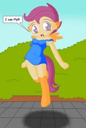 Size: 1472x2180 | Tagged: safe, artist:sin-r, derpibooru import, scootaloo, human, pegasus, pony, age regression, breasts, clothes, dress, female, flying, human to pony, image, jpeg, solo, speech bubble, transformation, younger