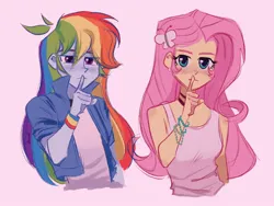 Size: 2048x1536 | Tagged: safe, artist:dreamz, derpibooru import, fluttershy, rainbow dash, equestria girls, bracelet, choker, clothes, duo, duo female, female, finger on lips, g4, image, jewelry, jpeg, looksmaxxing, mewing, pink background, shirt, simple background, t-shirt, tanktop, wristband